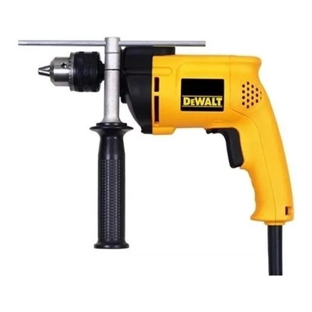 taladro rotomartillo dewalt dw508s 1/2in vel. variable 700w. Vista lateral derecha de rotomartillo amarillo DEWALT con empuñadura pistolera, asa auxiliar negra texturizada, mandril metálico de 1/2 pulg., ventilaciones en la carcasa y logo DEWALT; cable de alimentación en la base. Suele usarse también como taladro de mano para tareas de taller y obra ligera.