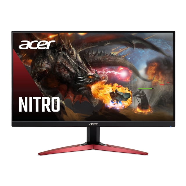 acer monitor gamer nitro kg241y sbiip 23.8” fhd (1920 x 1080) ips frontal centrado, pantalla panorámica de 23.8" con biseles delgados mostrando arte de videojuego; base en V roja y negra y logo Acer en el marco inferior; AMD FreeSync Premium, 165Hz, 1ms (VRB), compatible HDR10 y montaje VESA 100x100; también adecuado para edición de video y streaming de juegos.