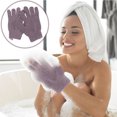 thumbnail image 3 of FELTECHELECTR par de guantes exfoliantes de baño de cinco dedos para ducha, sauna, hombres y mujeres (morado), 3 of 7