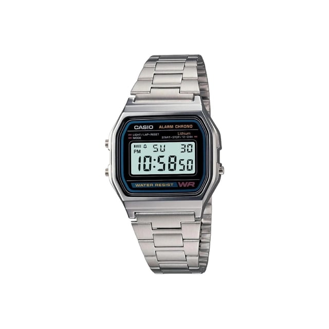 reloj digital casio clásico retro alarma resistente al agua a158wa-1r 33 mm plateado vista frontal centrada; caja octagonal y brazalete de acero inoxidable plateado, pantalla LCD que muestra hora, indicador AM/PM, día y fecha, bisel negro con detalles azul y rojo y botones laterales; incluye cronómetro y luz LED, suele usarse también como accesorio retro para uso diario.