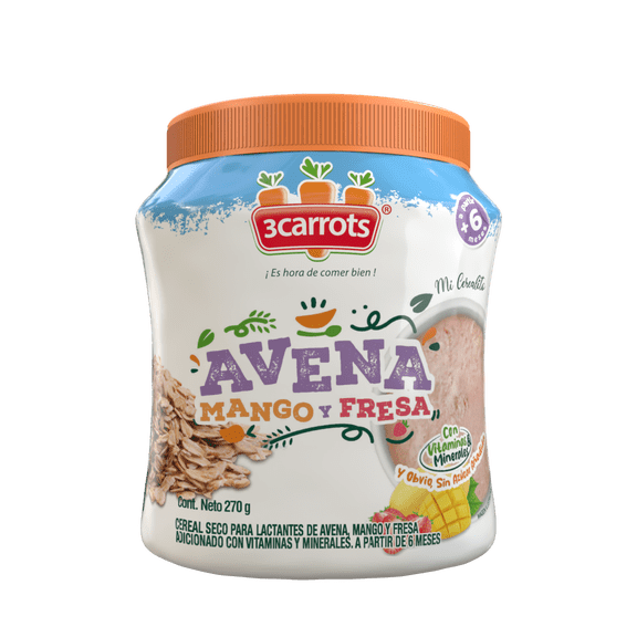 3Carrots Cereal para Bebé de Avena, Mango y Fresa 270 g Sin Azúcar Añadida