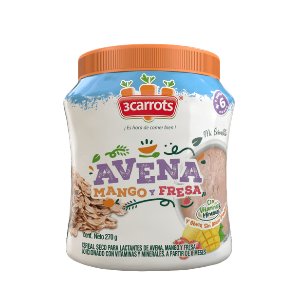 3Carrots Cereal para Bebé de Avena, Mango y Fresa 270 g Sin Azúcar Añadida