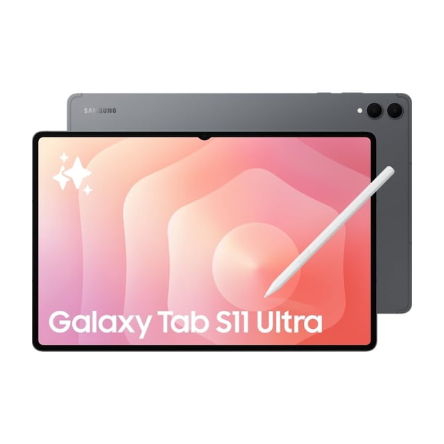 samsung tableta galaxy tab s11 ultra (2025) con galaxy ai y s pen incluidos / 256 gb + 12 gb de ram - nueva / pantalla amoled dinámica de 14,6" con 2 x 120 hz / versión internacional desbloqueada, wi- Vista frontal centrada de la Samsung Galaxy Tab S11 Ultra en color gris con pantalla AMOLED dinámica de 14,6" y biseles ultradelgados, S Pen blanco apoyado en la pantalla y vista trasera parcial con cámara dual y logo Samsung; adecuada para productividad y dibujo digital.