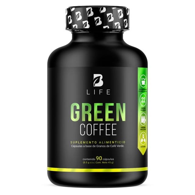 café verde puro 90 cápsulas. ingredientes naturales. green coffee b life frasco negro frontal con etiqueta 'GREEN COFFEE', indicación de 90 cápsulas y sello B Life en la tapa, banda inferior verde limón y pictogramas de consumo a la derecha; suplemento alimenticio en la categoría de vitaminas y suplementos.