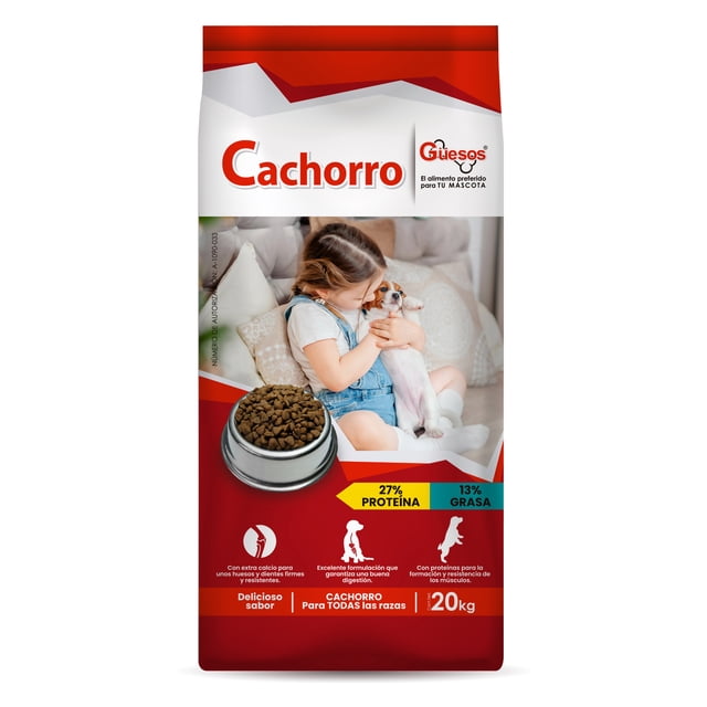 croqueta güesos cachorro güesos presentación 20 kg bolsa frontal roja y blanca con logo Güesos y la palabra "Cachorro", imagen de niña abrazando un cachorro en un sofá, plato metálico con croquetas, rótulos 27% proteína y 13% grasa y nota sobre niveles de calcio y fósforo para desarrollar huesos y dientes; adecuada para la nutrición y etapa de destete y entrenamiento de cachorros.