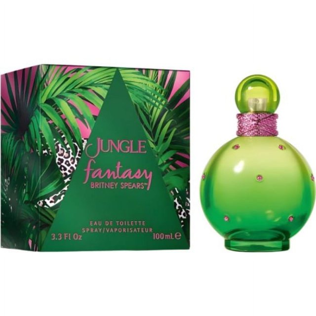 perfume jungle fantasy para mujer de birtney spears edt 100ml nueva frasco esférico verde translúcido con tapa redonda y collar rosado texturizado; caja con estampado de hojas verdes y triángulo central con logo rosa, 100 mL, aroma floral frutal con notas de sandía, yuzu y tonka; a menudo usado como regalo.