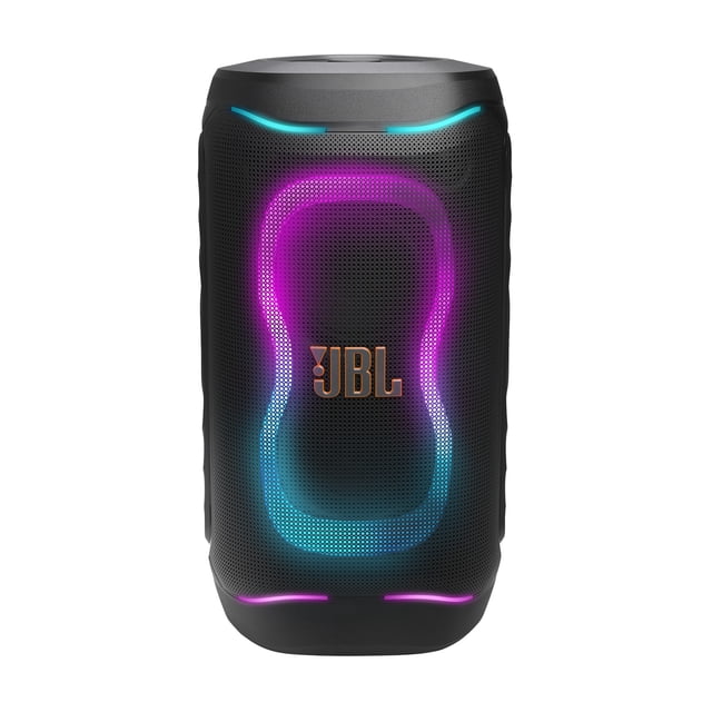 bocina jbl partybox 130 bluetooth 200w luces led karaoke frontal de la bocina negra con rejilla metálica y logo JBL centrado, luces LED moradas y azules formando un óvalo, indicador LED superior y borde inferior iluminados, silueta cilíndrica con asas; función karaoke con entradas para micrófono y guitarra, batería hasta 15 horas, resistente a salpicaduras IPX4, suele usarse también para animar eventos pequeños o reuniones al aire libre.