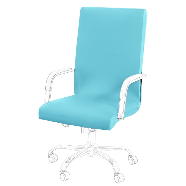 silla cubierta unique bargains extensible para oficina desmontable con cierres y tiras inferiores lago azul medio Funda elástica para silla de oficina en lago azul medio, vista frontal que cubre respaldo alto y asiento; tejido liso 98% poliéster y 2% spandex, cremalleras en los costados y tiras inferiores para fijar según la descripción, diseño antideslizante, fondo blanco. Adecuada para oficina o estudio y para renovar sillas gastadas.