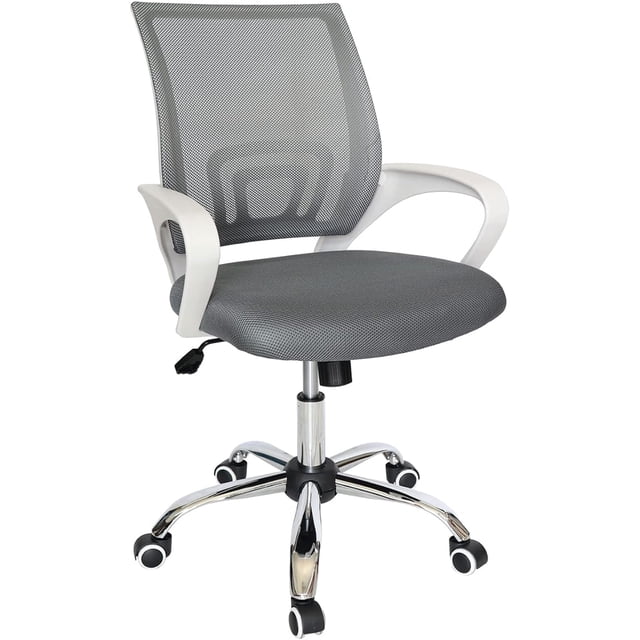 silla de oficina ejecutiva i seating black jack blanca y gris reclinable ergonómica altura ajustable; vista frontal 3/4 con respaldo de malla gris y soporte lumbar visible, asiento tapizado gris, apoyabrazos blancos curvados, base cromada de cinco radios con ruedas y palanca de ajuste de altura y reclinación; ideal para escritorio y también usada en pequeños estudios en casa.