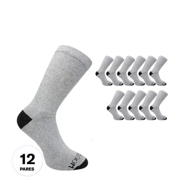 calceta fruit of the loom para hombre unitalla 12 pares Gris jaspe con punta y talón negros. Vista frontal y conjunto de 12 pares; calcetín hasta la pantorrilla en tejido de punto, elástico superior antideslizante y costuras planas visibles; indicado para uso diario, deporte o calzado casual.