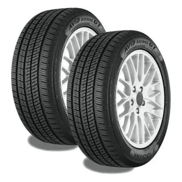 paquete de 2 llantas 245/45 r19 98v yokohama avid ascend gt par de llantas negras 245/45 R19 vistas en 3/4 frontal, banda de rodamiento simétrica con amplios canales centrales y hombros ranurados, flancos marcados con 'AVID Ascend GT' y dibujo diseñado para desgaste uniforme; aptas para vehículos de pasajeros que buscan equilibrio entre confort y maniobrabilidad; también suelen usarse como reemplazo confiable en viajes largos.
