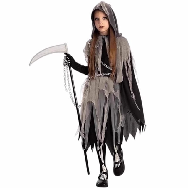 Disfraz de Parca para Niña con Guantes y Mallas talla L, Halloween y Día de Muertos