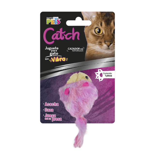 fancy pets juguete vibro catch ratón fancy pets fl8269 Juguete interactivo para gato multicolor, vista frontal centrada; ratón de peluche rosa y lila con detalles amarillos en la cabeza y orejas, cola larga de felpa, en su embalaje con logo Fancy Pets y foto de un gato.