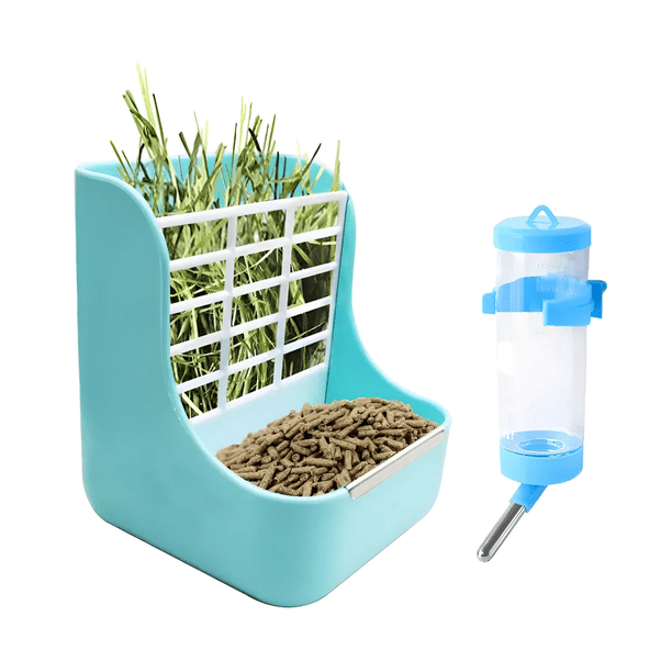 Kit Comedero Bebedero Para Conejo Cuyos Chinchillas Malubero Azul Blanco
