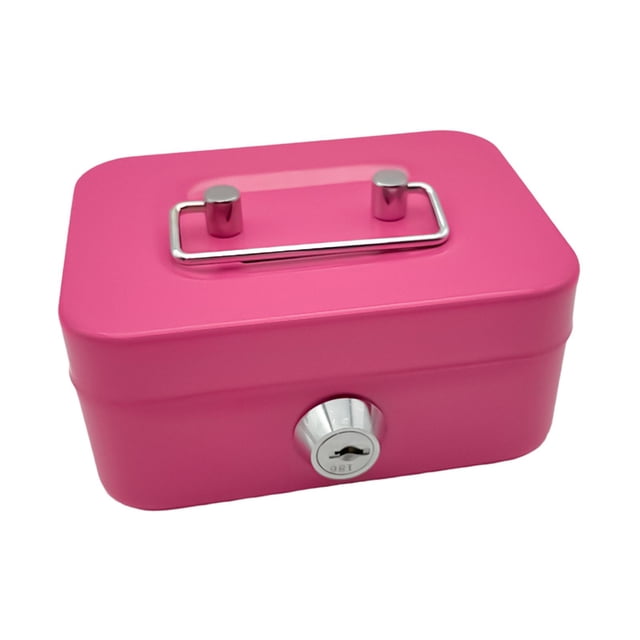 caja de dinero con cerradura, caja de seguridad con llave, caja de tesoro para niñas y niños rosa hucha metálica rectangular con manija cromada en la parte superior y cerradura frontal con llave; acabado liso rosa, esquinas redondeadas, aprox. 11.5 x 9.6 x 5.8 cm, adecuada para guardar monedas, tarjetas y recuerdos, también útil como adorno decorativo para tocador o sala.