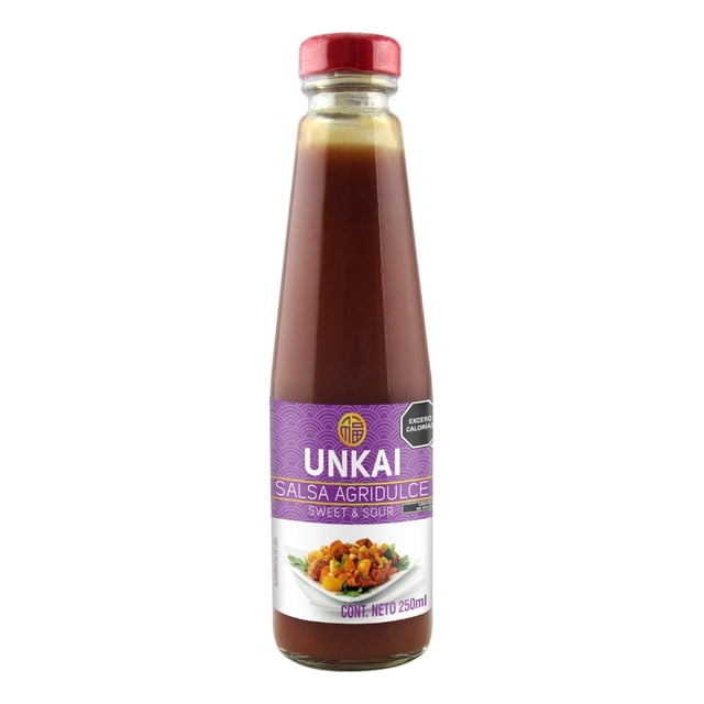salsa agridulce unkai 250ml botella alta de vidrio con tapa roja y etiqueta morada con logotipo UNKAI y texto 'Salsa Agridulce'; vista frontal centrada que muestra la salsa color marrón rojizo y una foto de plato servido en la etiqueta, condimento para cocinar y acompañar platos.
