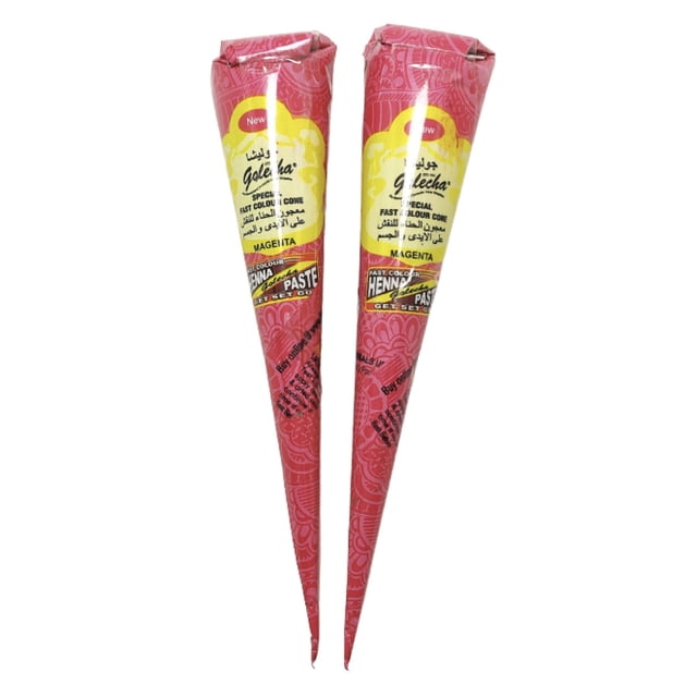 henna natural golecha para tatuajes temporales 2 conos delineador mehndi colores a escoger Dos conos delineadores Golecha magenta (15x2 cm, ~25 g c/u) con envase cónico impreso y etiqueta amarilla, punta fina con pasta de henna visible; hechos en India, halal certified. Adecuados para crear diseños mehndi temporales en piel y a menudo usados para trazos detallados en manos y pies.