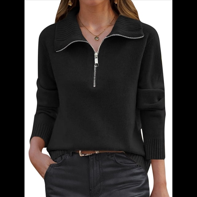 Suéter de Otoño para Mujer, de Larga, con Cremallera de 1/4, Sudadera Holgada de Punto Acanalado con Abertura. Negro S