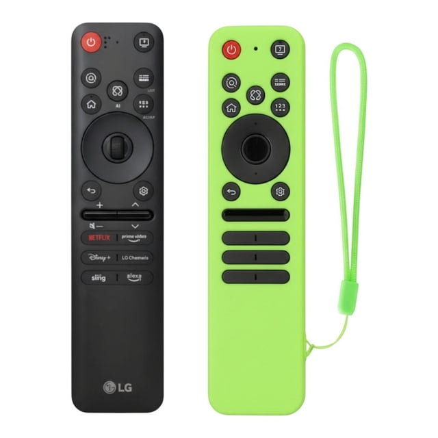 control compatible con lg magic mr25ga 2025 oled mas funda control remoto compatible MR25GA en vista frontal; control negro con rueda central, micrófono y botones de volumen, canal y atajos impresos, junto a funda de silicona verde lima con correa para sujetar visible; diseñado para emparejar por Bluetooth o funcionar por IR; apto también como repuesto en setups de cine en casa.