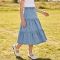 thumbnail image 1 of Falda midi vaquera escalonada para niñas, cintura alta elástica, corte en A, falda larga informal, suave, transpirable, con volantes, color negro, tallas de 4-5 a 14-15 años., 1 of 5