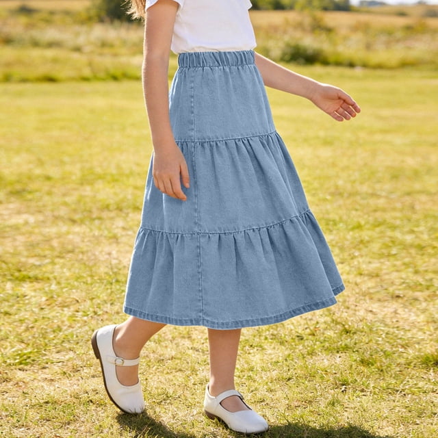 Falda midi vaquera escalonada para niñas, cintura alta elástica, corte en A, falda larga informal, suave, transpirable, con volantes, color negro, tallas de 4-5 a 14-15 años.