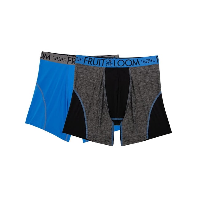 fruit of the loom fol boxer de poliester para hombre juego de dos bóxers ropa interior; vista frontal centrada de dos bóxers largos, uno gris jaspeado con paneles negros y pretina azul con marca FRUIT OF THE LOOM y costuras azules, y otro azul sólido con pretina gris parcialmente visible sobre fondo blanco. Su tamaño compacto los hace adecuados para uso diario y viaje ligero.