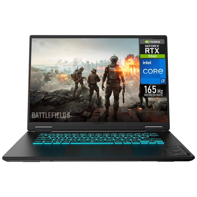 laptop gamer gigabyte gaming a16 nvidia geforce rtx 5060 8gb intel core i7 13620h 16gb ddr5 1tb ssd pantalla 16" ips fhd+ 165hz teclado español w11h-e gaming aaa streaming 3d profesional GIGABYTE A16, vista frontal 3/4 con pantalla 16" WUXGA encendida; chasis negro mate, teclado en español con retroiluminación RGB de una zona en azul, bisel superior delgado y pegatina visible con RTX 5060, Intel Core i7 y 165 Hz. Especificaciones mostradas: 16GB DDR5 y SSD 1TB para rendimiento y multitarea; a menudo usado también para streaming y creación de contenido.