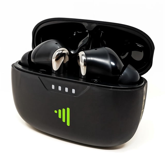 audífonos earbuds highlink linkbuds inalámbricos con estuche de carga negros 3/4 frontal de audífonos in ear negros en estuche abierto; cápsulas con puntas de silicón y superficie brillante, controles touch visibles y micrófono integrado, estuche negro con cuatro indicadores LED de carga y logotipo verde, compacto y portátil, batería hasta 6 h por carga o 30 h con estuche; también suelen usarse para llamadas y contenido en movimiento.