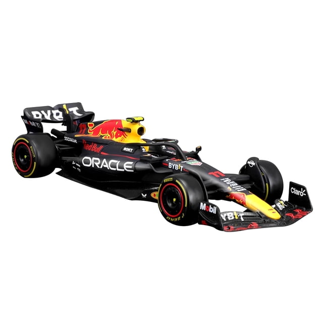 maqueta de coche diecast dossini bburago red bull rb19 f1 #11 2023 1/43 vista 3/4 frontal de monoplaza escala 1/43, carrocería roja y negra con detalles amarillos, alerón delantero y trasero, neumáticos con borde rojo y calcas de Oracle y otros patrocinadores; acabado diecast visible sobre fondo blanco; suele usarse para exhibición en vitrinas o colecciones de juguetes.