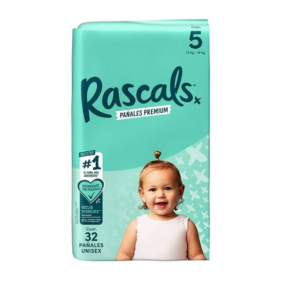 Pañales Rascal + Friends premium etapa 5 unisex 32 pzas