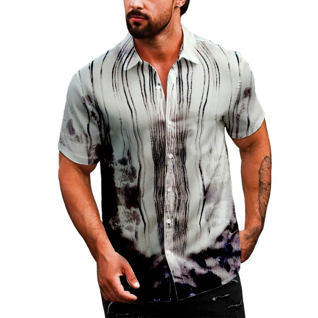 camisa casual para hombre shendy vendy strech de manga corta Violeta, vista frontal centrada del torso de un modelo con camisa hawaiana de botones y cuello abierto; tejido ligero y transpirable con rayas verticales difuminadas y manchas oscuras en la base, manga corta y corte recto hasta la cadera, ideal para combinar con jeans o shorts en días cálidos.