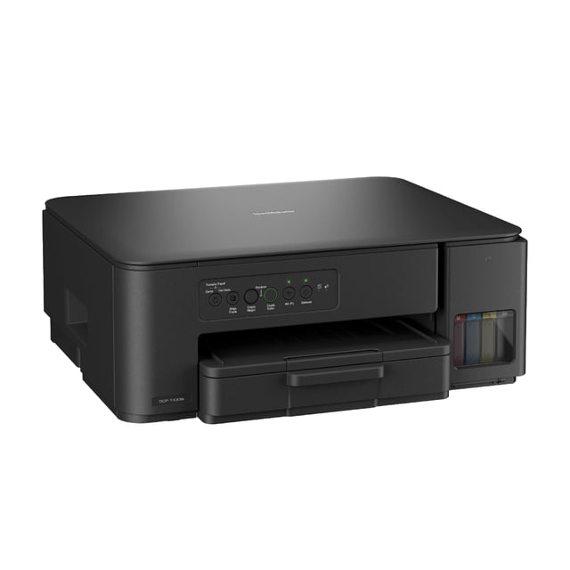 brother impresora multifuncional 3 en 1 de inyección de tinta a color dcpt430w | tecnología inkbenefit tank,impresión wi-fi 5ghz,tinta recargable | impresión 7,500 págs.en negro y 5,000 págs.en color Vista frontal 3/4 de la impresora Brother DCP-T430W en negro, bandeja frontal extendida, panel de control con botones y luces indicadoras, tanque de tinta visible con cuatro depósitos; fondo blanco. Ideal para imprimir documentos y fotos desde móvil y, por su tamaño compacto, suele usarse también como equipo de oficina en casa.