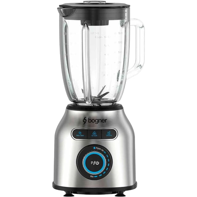 licuadora 8 velocidades de acero inox 1.75l y 1200w bogner bogner bsb01a Plata: vista frontal centrada de base de acero inoxidable con logotipo Bogner y perilla circular negra con anillo azul para 8 velocidades y tres programas, jarra de vidrio templado 1.75 L con pico vertedor y asa transparente, cuchillas visibles; incluye funciones muele hielo, smoothie y autolavado; a menudo usada también para preparar salsas y dips.