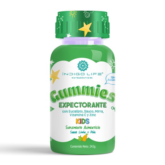 Indigo Life Gummies Kids Expectorante con Eucalipto, Sauco, Mirra, Vitaminas C y Zinc Sabor Limón y Piña 242 gr