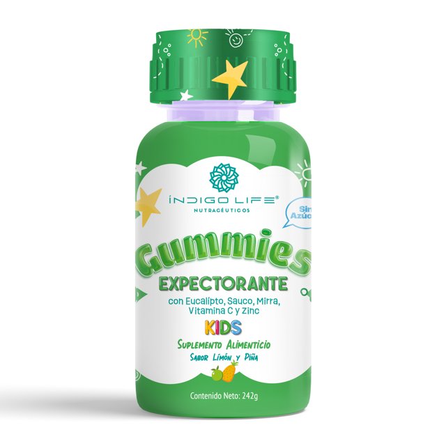 indigo life gummies kids expectorante con eucalipto, sauco, mirra, vitaminas c y zinc sabor limón y piña 242 gr Frasco frontal centrado; botella de plástico verde con tapa decorada, etiqueta blanca con logo INDIGO LIFE NUTRACÉUTICOS y texto 'Gummies Expectorante' en verde, ingredientes clave visibles, 'Kids' y 'Sabor Limón y Piña', contenido neto 242 g sobre fondo blanco. A menudo se usa como suplemento masticable práctico para llevar en salidas cortas.