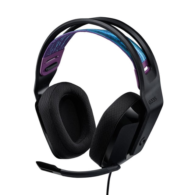 audífonos logitech con micrófono y cable g335 negro — Diadema 3/4 frontal con copas ovaladas y almohadillas de espuma viscoelástica en tejido negro, micrófono de varilla volteable, arco doble superior con banda interior ajustable, control de volumen integrado en el cable; certificación Discord, diseñados para audio para gaming y streaming.