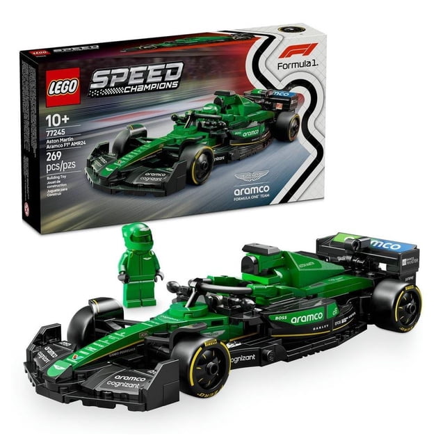 set lego speed champions auto de carreras aston martin aramco f1 amr24 77245 modelo de F1 verde y negro en vista 3/4 frontal con caja al fondo. Monoplaza construible de 269 piezas con alerón trasero, suspensión de doble horquilla, habitáculo con halo levantable, calcomanías de patrocinadores y llantas traseras más anchas con inscripción «Pirelli». Incluye minifigura de piloto con casco y traje del equipo Aston Martin Aramco F1; mide aproximadamente 20 cm de longitud. También suele usarse para exhibición en estantes o mesas de coleccionistas.