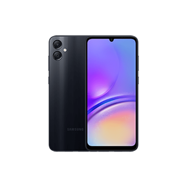samsung galaxy a05 dual sim 64gb 4gb ram smartphone negro, vista frontal y trasera 3/4: pantalla HD+ de 6.7" con muesca en gota, carcasa trasera mate negra con doble cámara vertical (50MP+2MP) y logo Galaxy; Android 13 y batería 5000 mAh según ficha técnica.