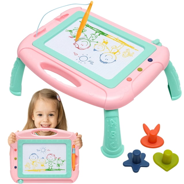 tablero de dibujo magnético HZZILEY para niñas/niños de 1 a 2 años tablero infantil con 4 zonas de color (rojo, azul, verde, amarillo), marco rosa y borde verde menta, pantalla de 6.9 x 4.8 pulg., bolígrafo magnético amarillo con cuerda, 3 sellos (estrella, corazón, conejo) y patas acoplables turquesa; vista 3/4 con asa integrada, fácil de borrar y portátil, suele usarse también para entretenimiento en viajes.