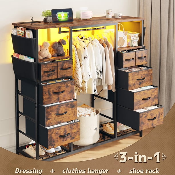 Cómoda con Perchero para Dormitorio, Mueble Organizador con 10 cajones de Tela Luces LED Estante Abierto, 120x40x130cm, Marron