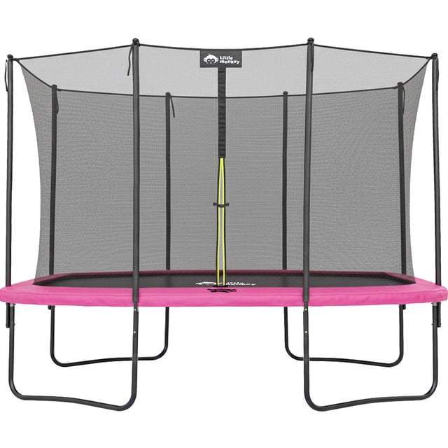 trampolin rectangular little monkey 10x7ft brincolin malla seguridad Trampolín rectangular Little Monkey 7 × 10 ft, vista frontal centrada con estructura de acero galvanizado negro mate y 4 patas en U, lona de salto Permatron, colchoneta cubre resortes (verde según especificación), 60 resortes galvanizados, red envolvente de polietileno con postes acolchonados y escalera de acero de dos peldaños; capacidad 300 kg y medidas 313 × 219 × 258 cm. Adecuado también para ejercicio recreativo en jardín.