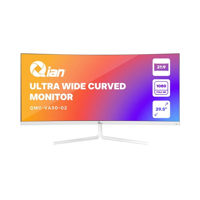 monitor qian qmc-va30-02 curvo 30' full hd 2560x1080 200hz monitor curvo ultra ancho 21:9 de 30" en negro, vista frontal centrada con soporte en Y blanco; panel VA antirreflejo y bisel inferior delgado, especificaciones visibles incluyen 200Hz y 10ms, diseñado para multitarea en oficina y a menudo usado para estaciones de trabajo compactas.