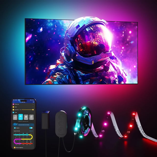 govee tira de retroiluminación led para tv, retroiluminación led inteligente rgbic para televisores de 40 a 50 pulgadas, sincronización de música, wi-fi bluetooth y control de aplicaciones, funciona c Vista frontal de un televisor con retroiluminación multicolor RGBIC alrededor del borde; la tira muestra segmentos en azul, verde, magenta y rojo. Se observan el control remoto, el módulo Wi‑Fi/Bluetooth, un rollo de tira y la app Govee Home en pantalla con modos, brillo y sincronización de música, ideal para crear ambientes inmersivos.