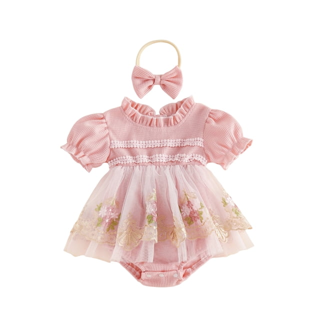Conjunto de 2 piezas para bebé niña: pelele de tul con cuello de volantes y mangas cortas, bordado floral y diadema con lazo.