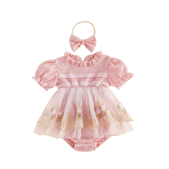 Conjunto de 2 piezas para bebé niña: pelele de tul con cuello de volantes y mangas cortas, bordado floral y diadema con lazo.