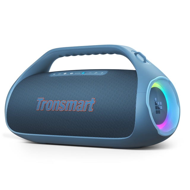 bocina bluetooth tronsmart bang 2 azul portátil para fiestas vista frontal 3/4 de bocina portátil azul con asa superior, rejilla texturizada y logo Tronsmart naranja, radiador lateral con anillo LED multicolor y botones de control en la parte superior; 90W, 2.1 canales, hasta 26 horas de reproducción y resistencia a salpicaduras IPX6, también adecuada para ambientar reuniones al aire libre.