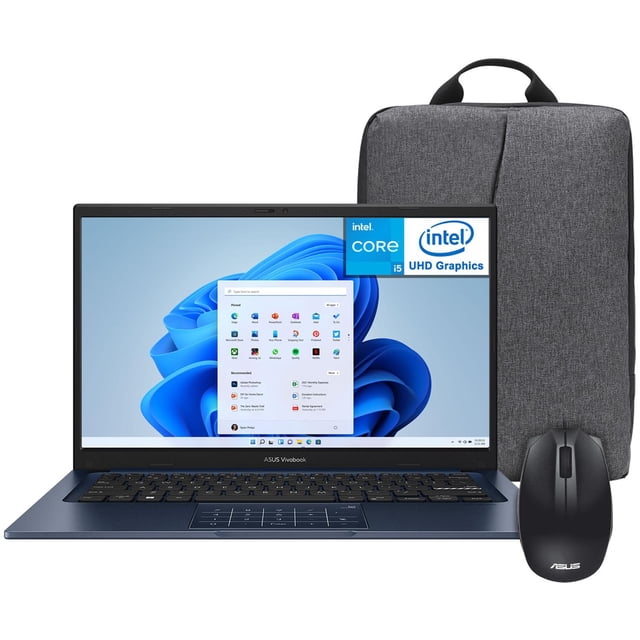 laptop asus vivobook 14 core i5 1334u 16gb ssd 512gb 14" teclado español mochila mouse ideal para estudiantes y profesionales Azul: vista frontal de la ASUS Vivobook 14 azul abierta con pantalla 14" Full HD mostrando Windows 11, teclado tipo chiclet con distribución en español y panel táctil visible; mouse inalámbrico ASUS a la derecha y mochila gris detrás; ideal para productividad, clases en línea y entretenimiento ligero; a menudo se usa también como equipo portátil para edición básica y trabajo remoto.