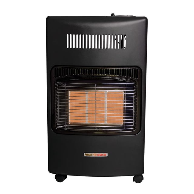 calefactor heatwave portátil infrarrojo a gas lp hg3s calefactor portátil gris oscuro con tres radiantes cerámicos visibles tras parrilla frontal, ranuras de ventilación superiores, ruedas integradas en la base y logotipo Heatwave en la parte inferior; diseñado para calentar hasta 50 m² y también adecuado para talleres o garajes pequeños.