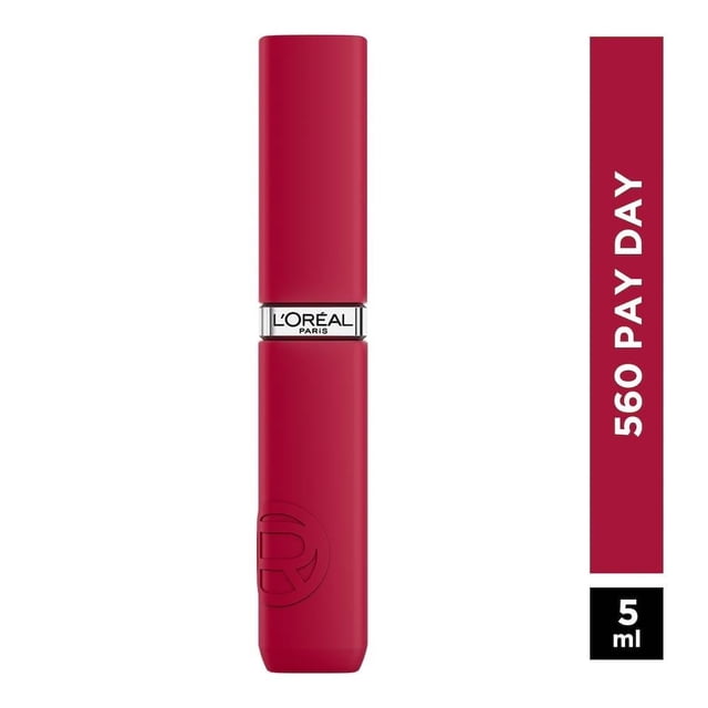 labial líquido l'oréal infallible le matte resistance pay day 560 5ml — tubo vertical en tono Pay day 560 con acabado mate aterciopelado; tapa a juego, banda metálica con logo L’Oréal Paris en el centro y cuerpo cilíndrico con relieve de la marca; mencionado en ficha por larga duración y aplicador fino para mayor precisión; ideal también para maquillajes de viaje por su tamaño compacto.