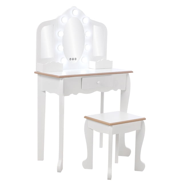 Tocador Infantil – Set con Espejo Tríptico Iluminado – Mesa de Madera con LED Ajustables – Cajón y Rejilla de Almacenaje – Taburete – Juego de Maquillaje Simbólico – Rosa/Blanco